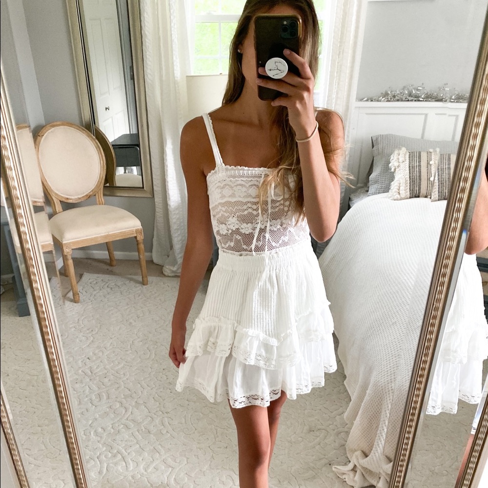 LOVESHACKFANCY white cream tiered ruffle mini skirt with lace details